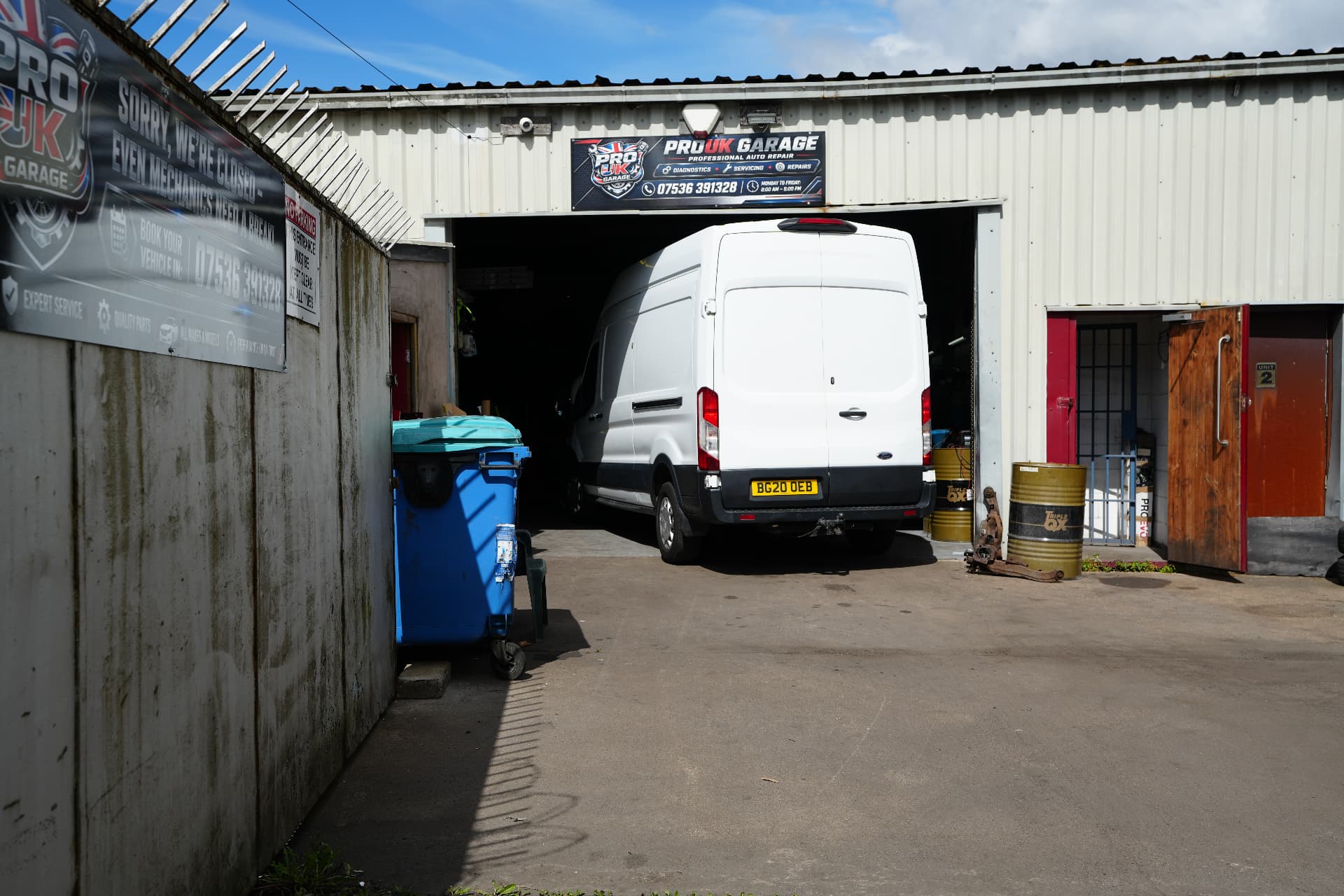Ford Transit van inside the ProUK Garage workshop bay
