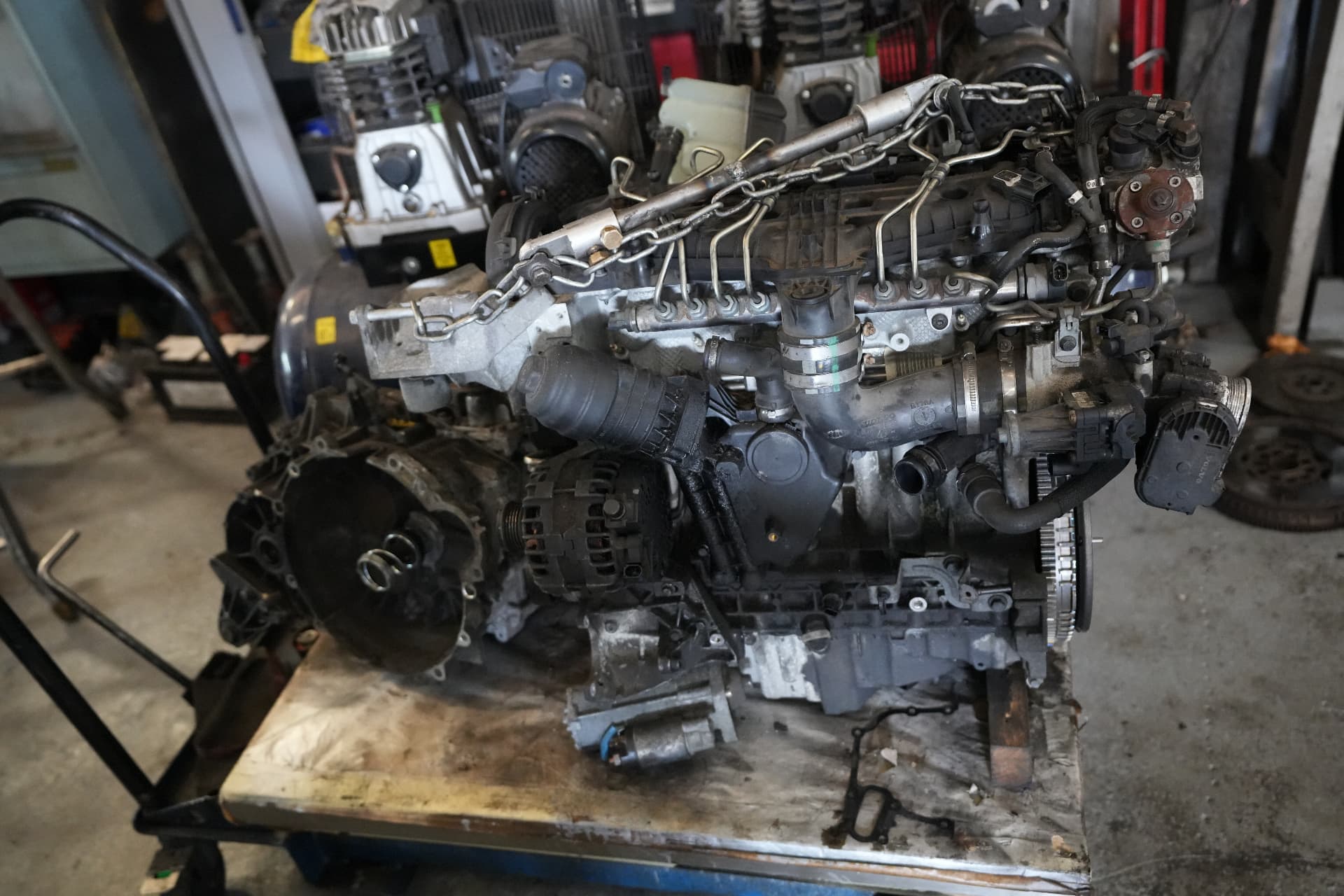 Diesel engine and gearbox removed for rebuild
